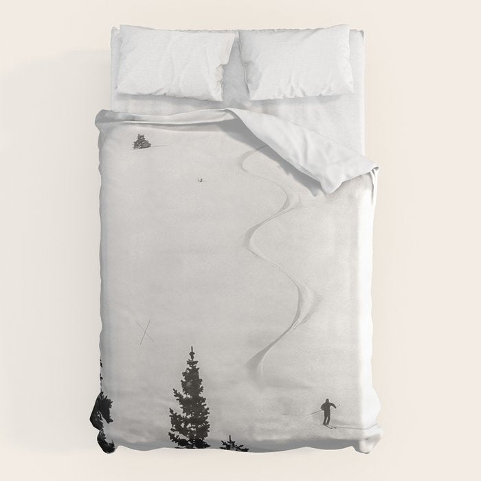 Backcountry Skier // Fresh Powder Snow Mountain Ski Landscape Black and White Photography Vibes Duvet Cover Gallery Image 6