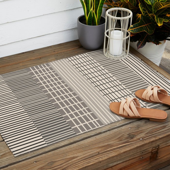 Neutral Finnish Patchwork Stripe Pattern Outdoor Rug Gallery Image 2