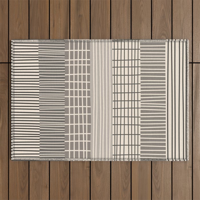 Neutral Finnish Patchwork Stripe Pattern Outdoor Rug Gallery Image 1