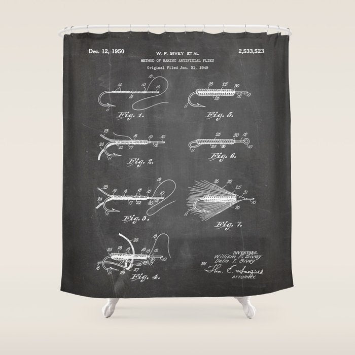 Fly Fishing Patent - Fisherman Art - Black Chalkboard Shower Curtain Gallery Image 1