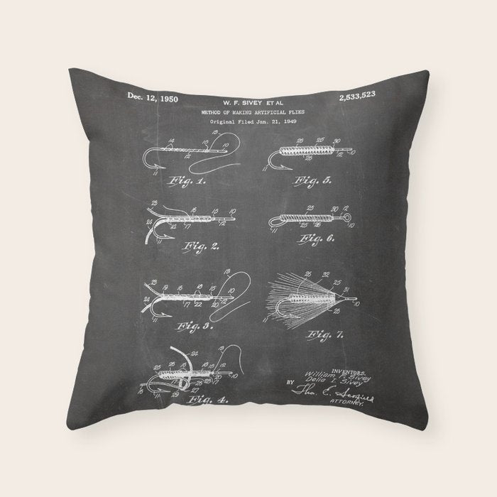Fly Fishing Patent - Fisherman Art - Black Chalkboard Throw Pillow Gallery Image 1