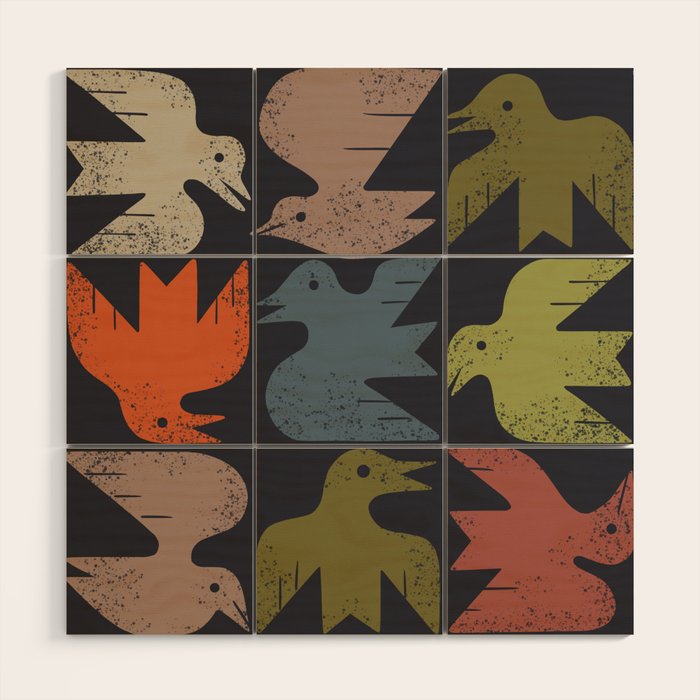 Midcentury Bird Grid (Charcoal) Wood Wall Art Gallery Image 1