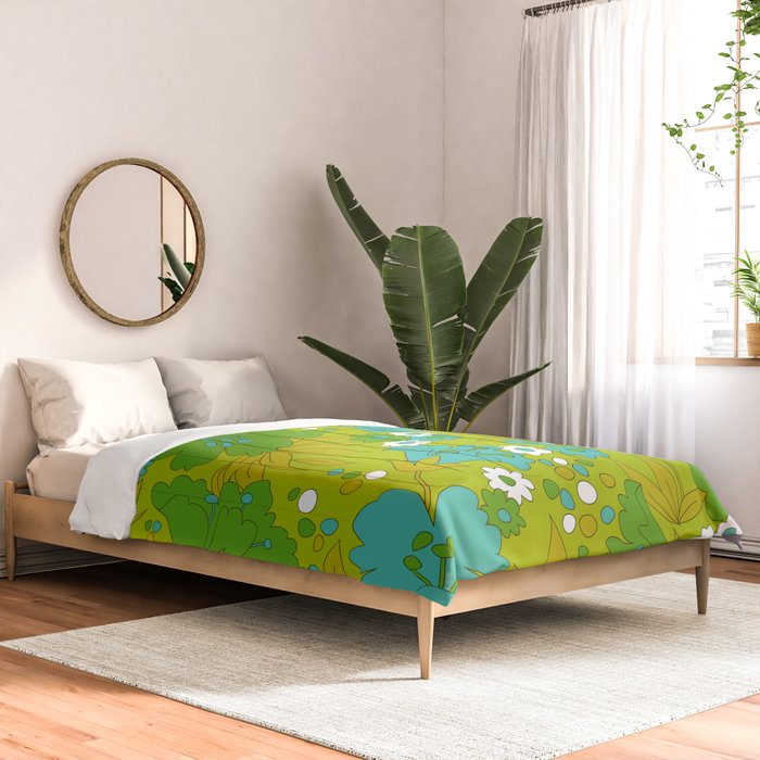 Green, Turquoise, and White Retro Flower Design Pattern Comforter Gallery Image 2