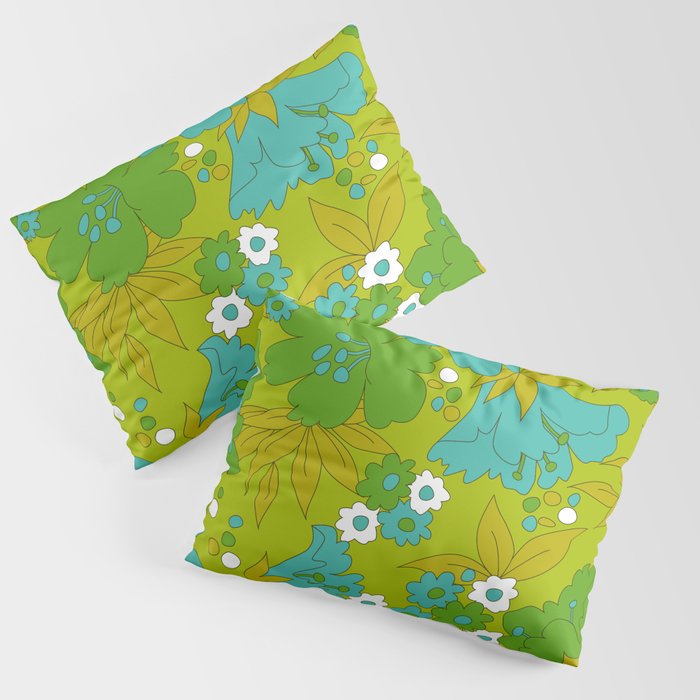 Green, Turquoise, and White Retro Flower Design Pattern Pillow Sham Gallery Image 3