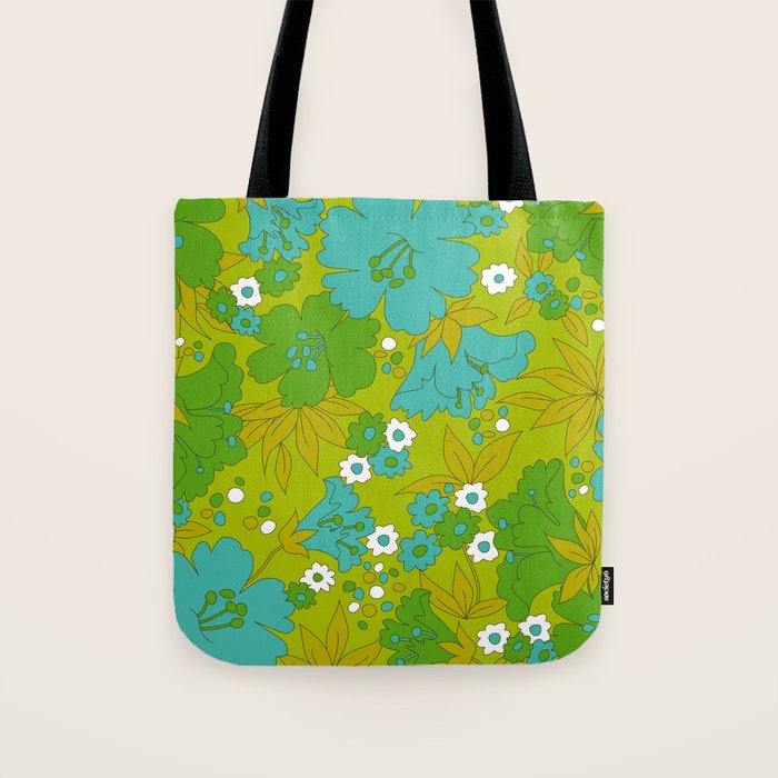 Green, Turquoise, and White Retro Flower Design Pattern Tote Bag Gallery Image 1