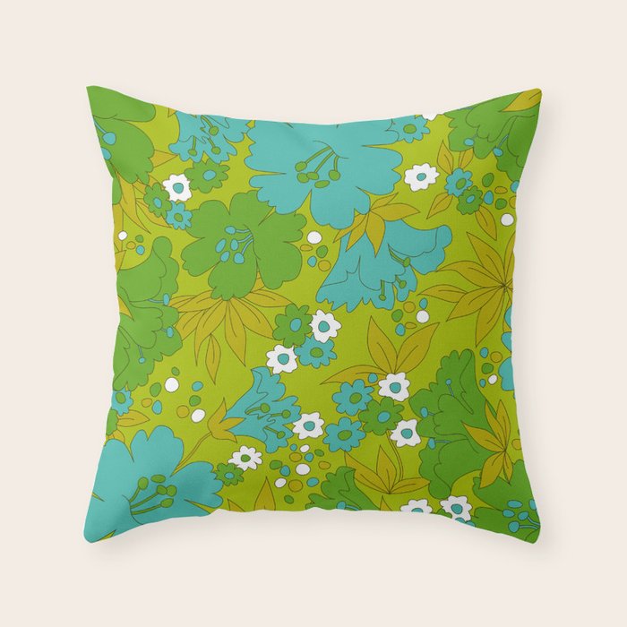 Green, Turquoise, and White Retro Flower Design Pattern Throw Pillow Gallery Image 1