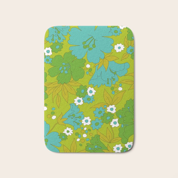 Green, Turquoise, and White Retro Flower Design Pattern Bath Mat Gallery Image 1