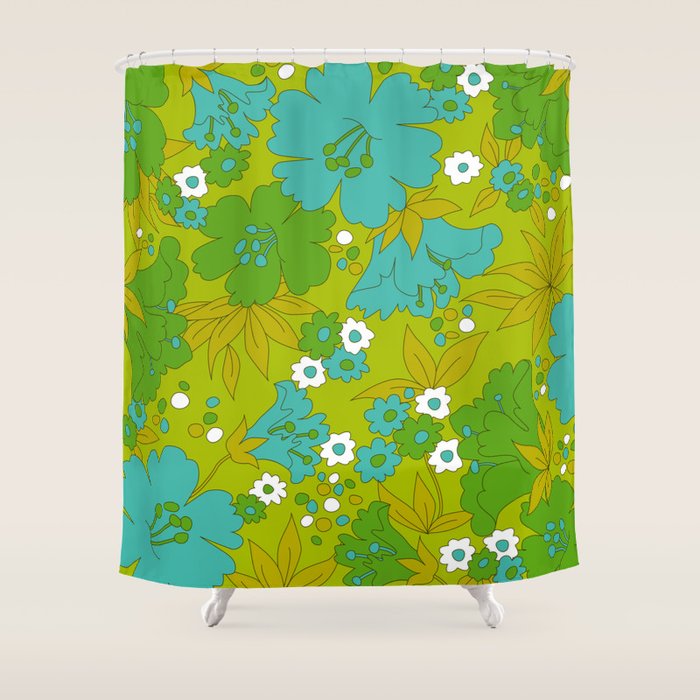 Green, Turquoise, and White Retro Flower Design Pattern Shower Curtain Gallery Image 1