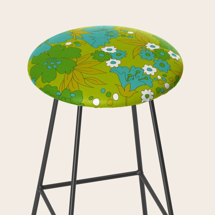 Green, Turquoise, and White Retro Flower Design Pattern Stool Gallery Image 2