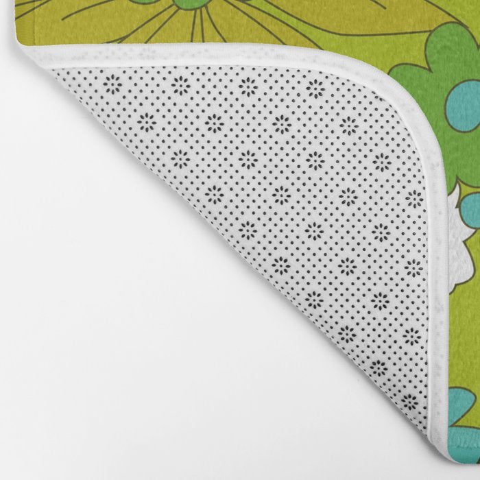 Green, Turquoise, and White Retro Flower Design Pattern Bath Mat Gallery Image 2