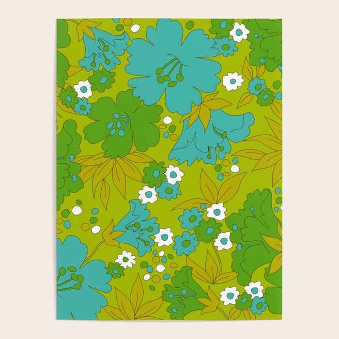 Green, Turquoise, and White Retro Flower Design Pattern Poster Gallery Image 1