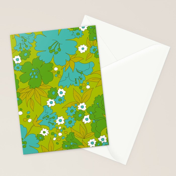 Green, Turquoise, and White Retro Flower Design Pattern Stationery Card Gallery Image 2