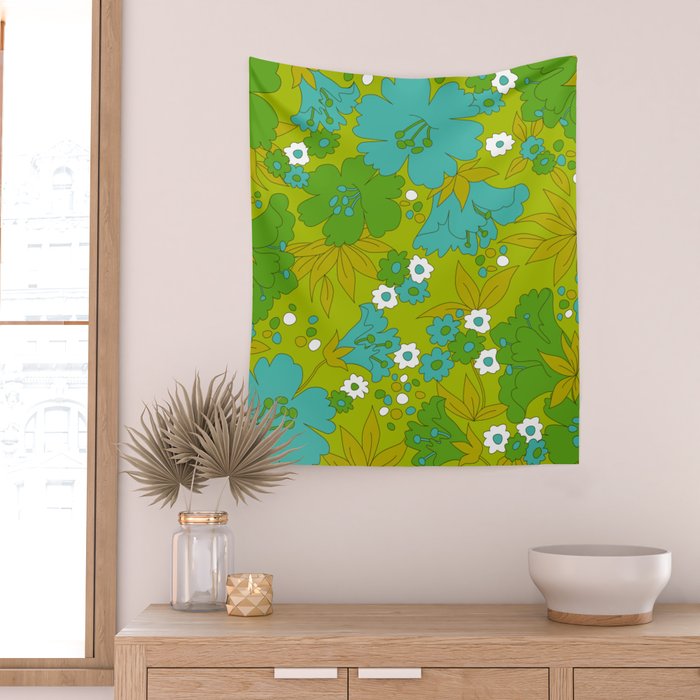 Green, Turquoise, and White Retro Flower Design Pattern Wall Tapestry Gallery Image 2
