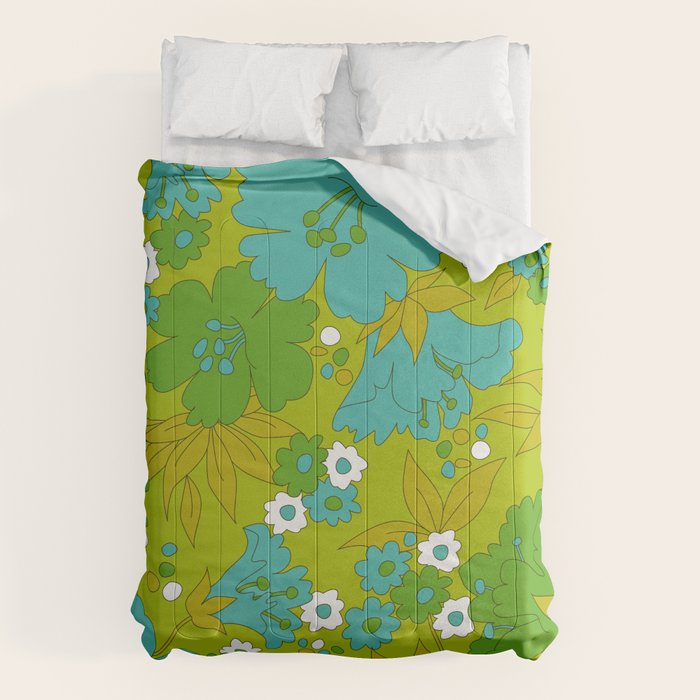 Green, Turquoise, and White Retro Flower Design Pattern Comforter Gallery Image 1