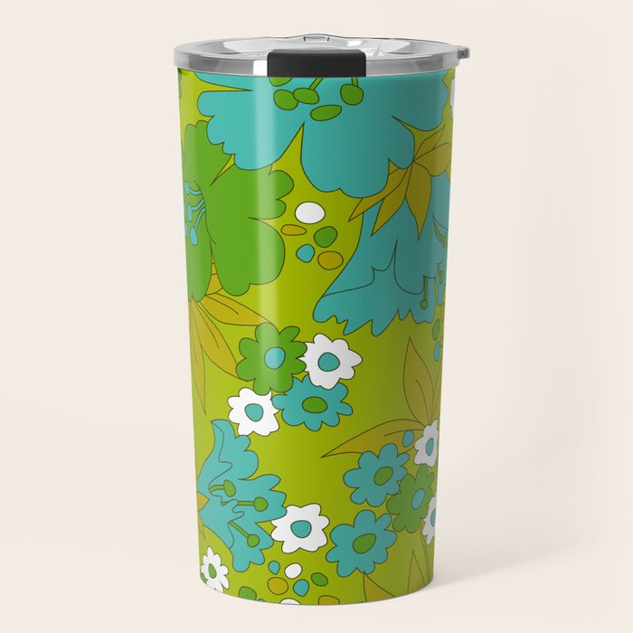 Green, Turquoise, and White Retro Flower Design Pattern Travel Mug Gallery Image 1