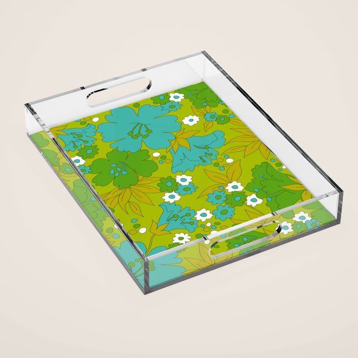 Green, Turquoise, and White Retro Flower Design Pattern Acrylic Tray Gallery Image 1