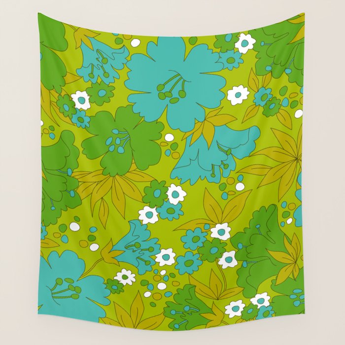 Green, Turquoise, and White Retro Flower Design Pattern Wall Tapestry Gallery Image 4