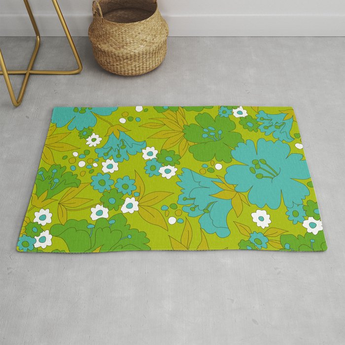 Green, Turquoise, and White Retro Flower Design Pattern Rug Gallery Image 1