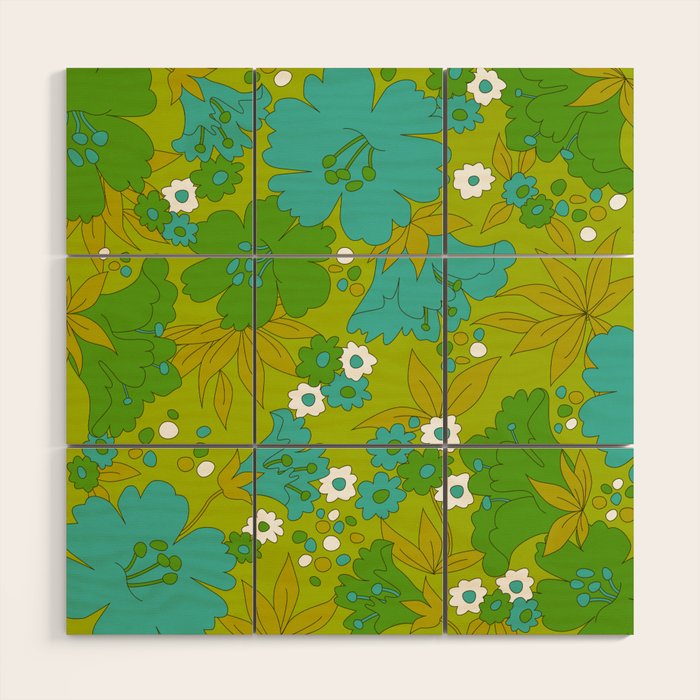 Green, Turquoise, and White Retro Flower Design Pattern Wood Wall Art Gallery Image 1