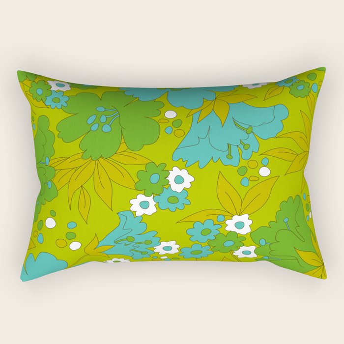 Green, Turquoise, and White Retro Flower Design Pattern Rectangular Pillow Gallery Image 2