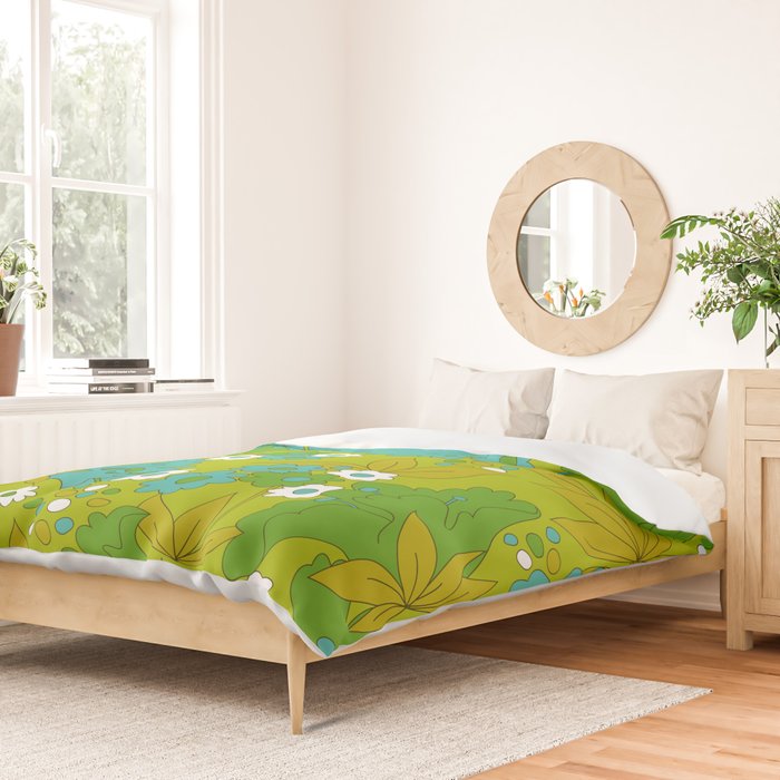Green, Turquoise, and White Retro Flower Design Pattern Duvet Cover Gallery Image 2