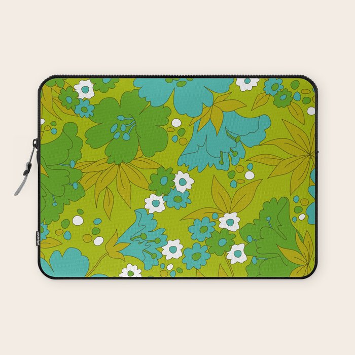 Green, Turquoise, and White Retro Flower Design Pattern Laptop Sleeve Gallery Image 1