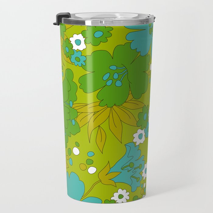 Green, Turquoise, and White Retro Flower Design Pattern Travel Mug Gallery Image 3