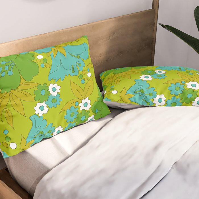 Green, Turquoise, and White Retro Flower Design Pattern Pillow Sham Gallery Image 2