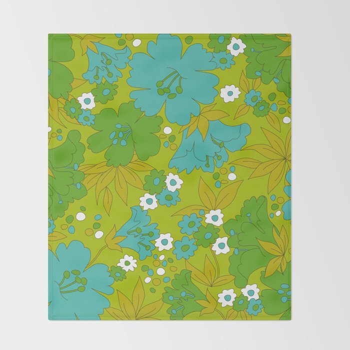 Green, Turquoise, and White Retro Flower Design Pattern Throw Blanket Gallery Image 2