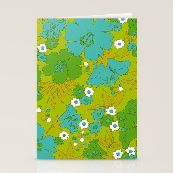 Green, Turquoise, and White Retro Flower Design Pattern Stationery Card Gallery Image 2
