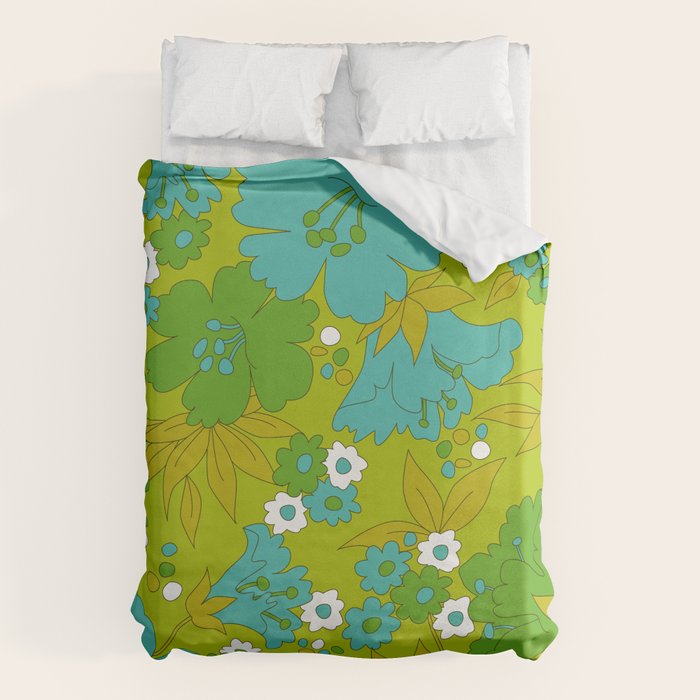 Green, Turquoise, and White Retro Flower Design Pattern Duvet Cover Gallery Image 1