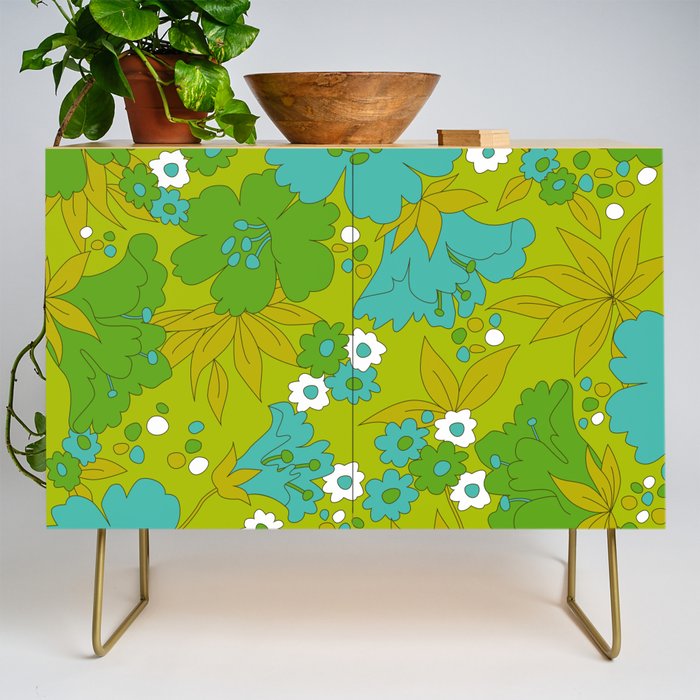 Green, Turquoise, and White Retro Flower Design Pattern Credenza Gallery Image 1