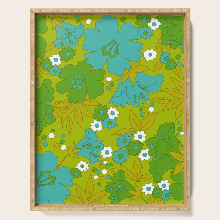 Green, Turquoise, and White Retro Flower Design Pattern Serving Tray Gallery Image 1