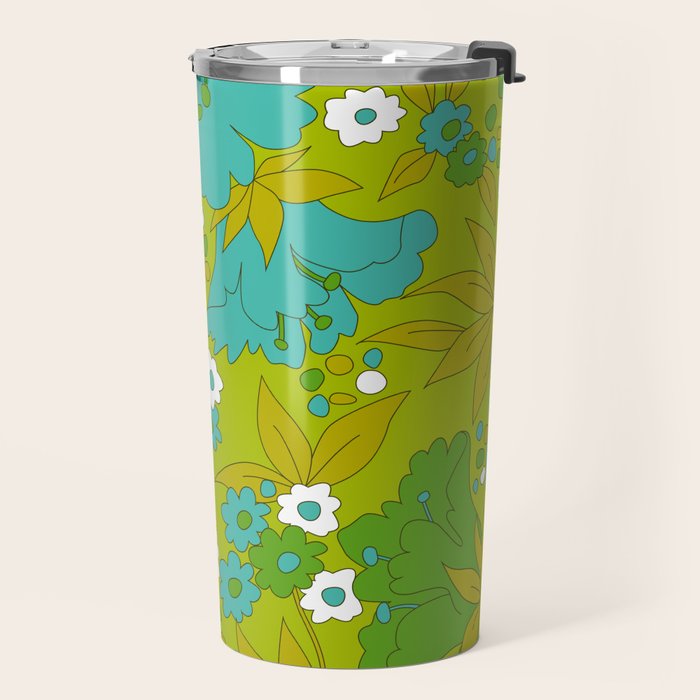 Green, Turquoise, and White Retro Flower Design Pattern Travel Mug Gallery Image 2