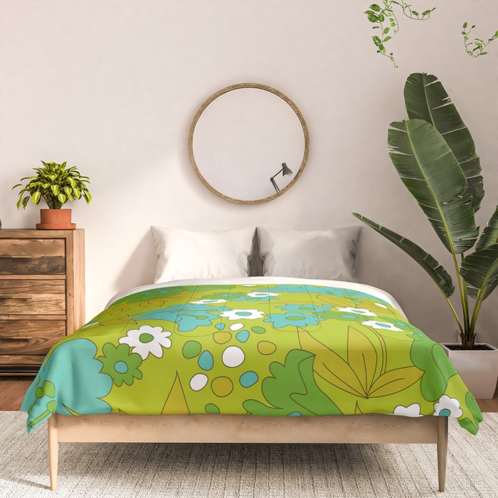 Green, Turquoise, and White Retro Flower Design Pattern Comforter Gallery Image 3