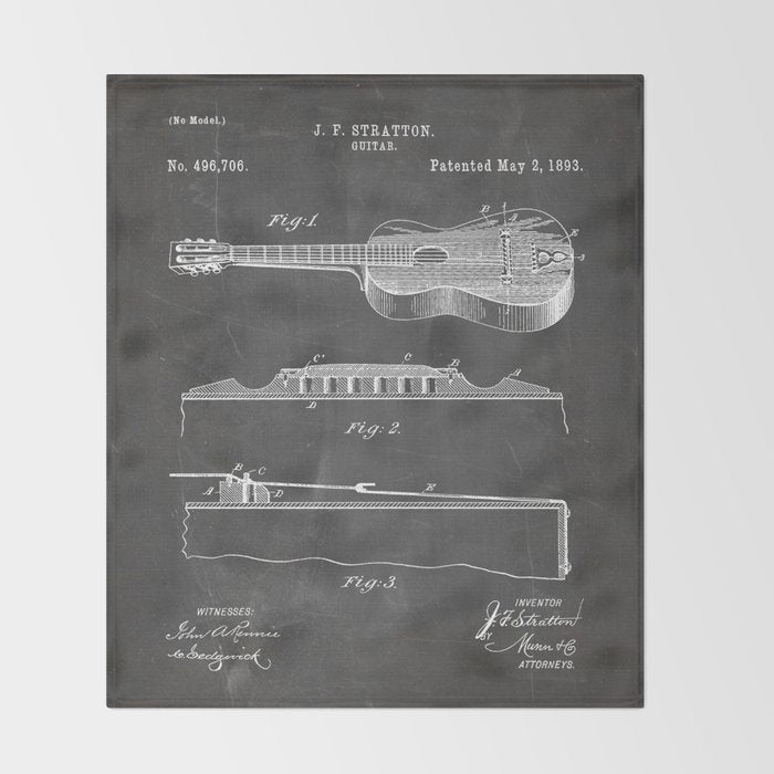 Acoustic Guitar Patent - Guitar Player Music Lover Art - Black Chalkboard Throw Blanket Gallery Image 2
