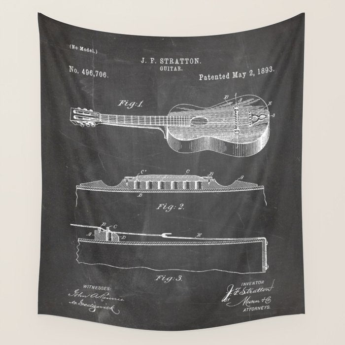 Acoustic Guitar Patent - Guitar Player Music Lover Art - Black Chalkboard Wall Tapestry Gallery Image 1