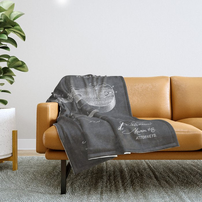 Acoustic Guitar Patent - Guitar Player Music Lover Art - Black Chalkboard Throw Blanket Gallery Image 1