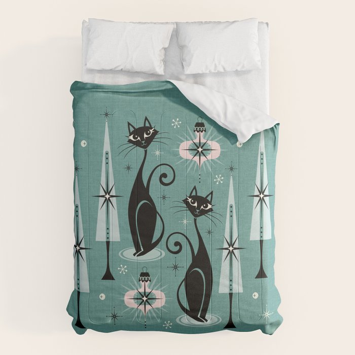 Mid Century Meow Atomic Kitty Christmas ©studioxtine Comforter Gallery Image 6