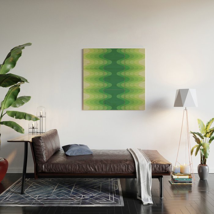 Retro 1970s Style Sonic Wave Pattern 230 Green Wood Wall Art Gallery Image 2