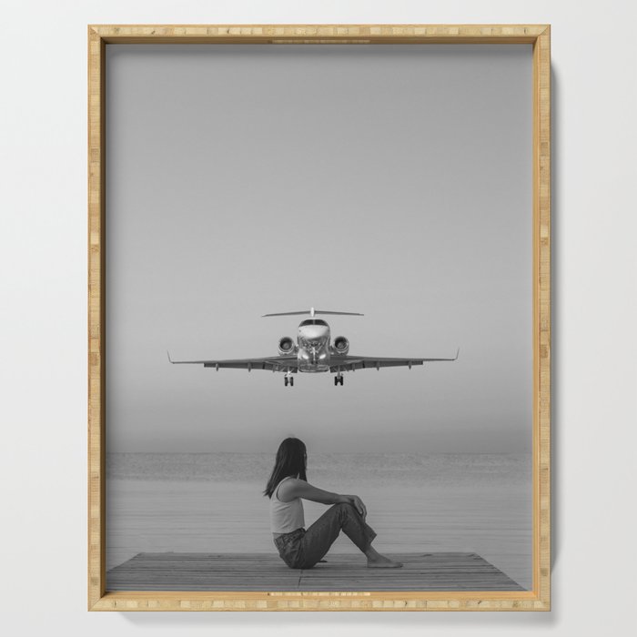 Steady As She Goes IV; aircraft coming in for an island landing black and white photography photographs photograph Serving Tray Gallery Image 1