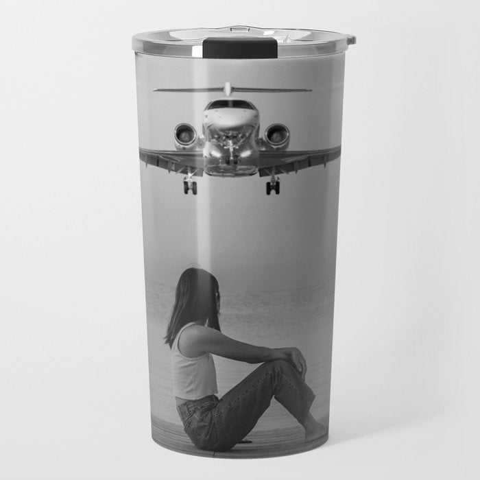 Steady As She Goes IV; aircraft coming in for an island landing black and white photography photographs photograph Travel Mug Gallery Image 1