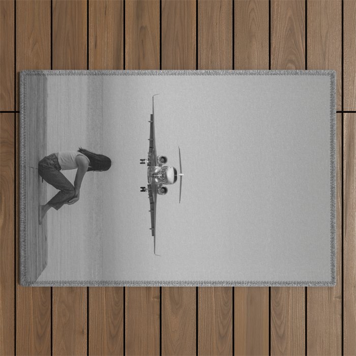 Steady As She Goes IV; aircraft coming in for an island landing black and white photography photographs photograph Outdoor Rug Gallery Image 1