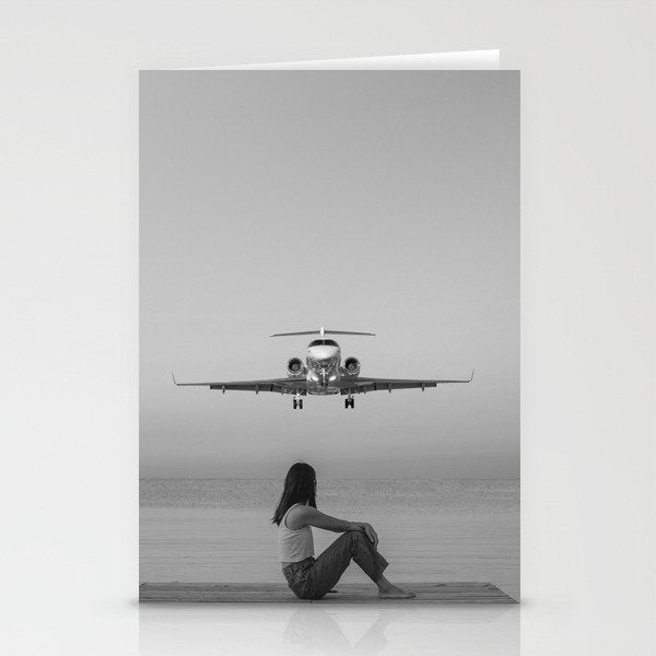 Steady As She Goes IV; aircraft coming in for an island landing black and white photography photographs photograph Stationery Card Gallery Image 1
