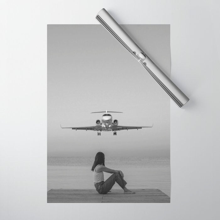 Steady As She Goes IV; aircraft coming in for an island landing black and white photography photographs photograph Wrapping Paper Gallery Image 1