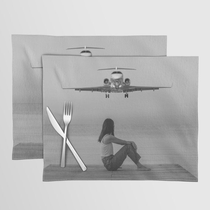 Steady As She Goes IV; aircraft coming in for an island landing black and white photography photographs photograph Placemat Gallery Image 1