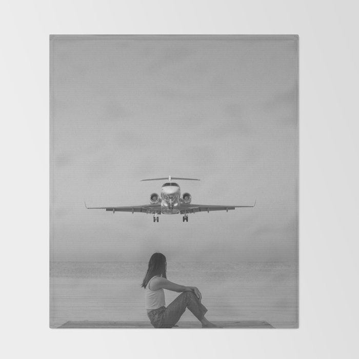 Steady As She Goes IV; aircraft coming in for an island landing black and white photography photographs photograph Throw Blanket Gallery Image 2