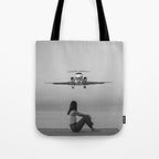 Steady As She Goes IV; aircraft coming in for an island landing black and white photography photographs photograph Tote Bag Gallery Image 1