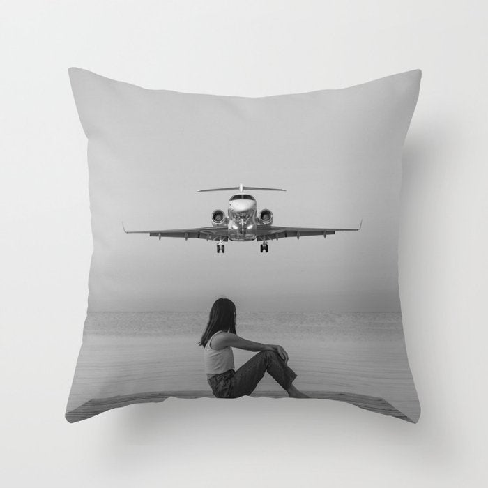 Steady As She Goes IV; aircraft coming in for an island landing black and white photography photographs photograph Throw Pillow Gallery Image 6