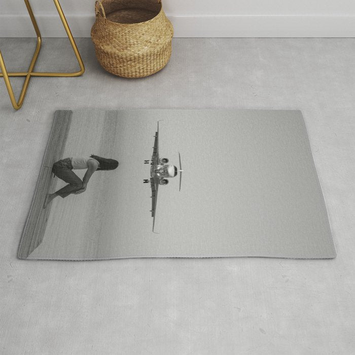 Steady As She Goes IV; aircraft coming in for an island landing black and white photography photographs photograph Rug Gallery Image 1